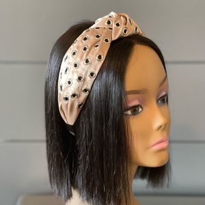 New Tan Satin Fabric Holes Detail Minimalist style top knot comfy headband